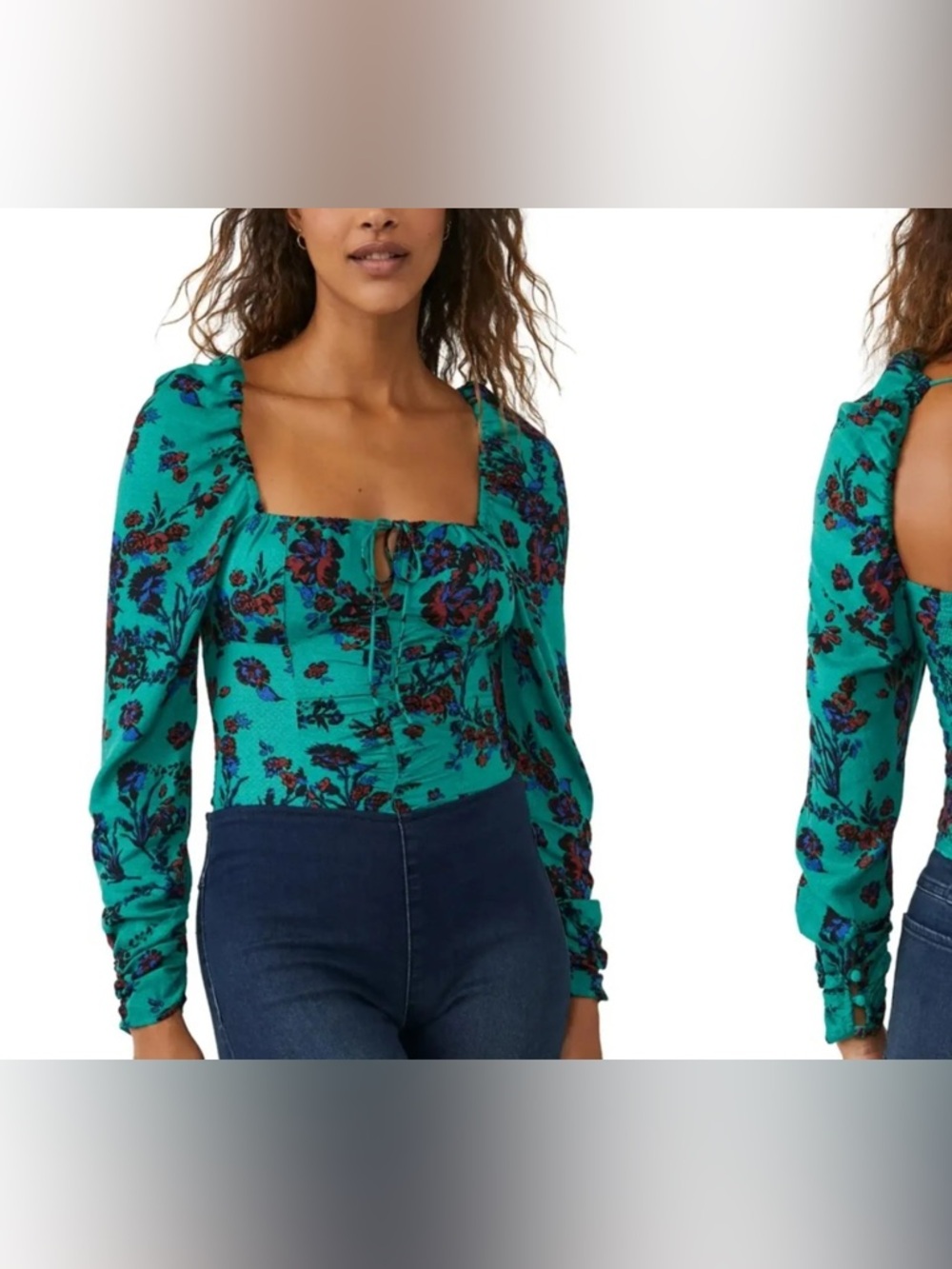Free People Hilary Floral Square-Neck Long-Sleeve Top in Teal